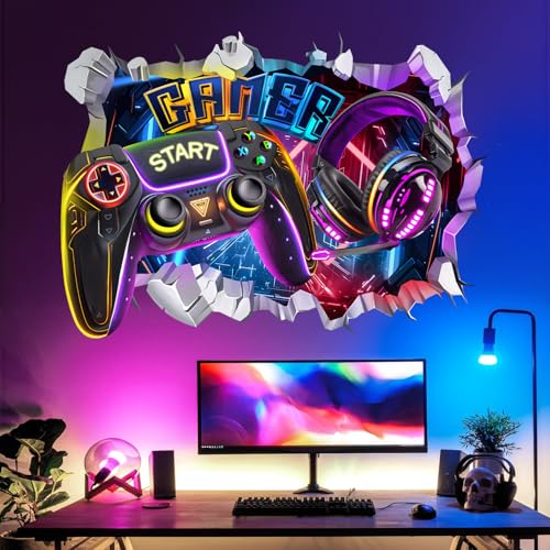 decalmile Large 3D Gaming Wall Stickers Gamer Controller Video Game Joystick Wall Decals Gaming Room Accessories Teenagers Boy Bedroom Playroom Wall Decor