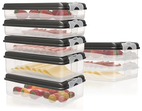 Hausfelder Aufschnittdosen für Kühlschrank, Aufschnittbox stapelbar, Kühlschrank Organizer mit Deckel (Anthrazit Aufschnittboxen: 6x flach, 2x hoch, 6 Deckel)