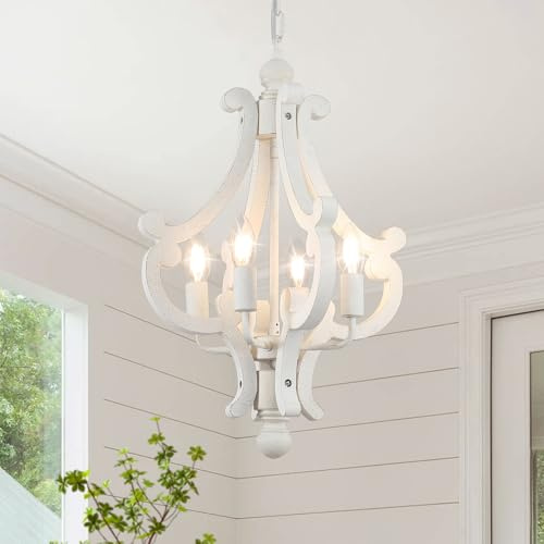 4 Lichter Vintage Weiß Kronleuchter 37 cm 60W Höhenverstellbar Dimmbar | Modern Rustikal Landhaus Hängelampe Esstisch E14 Französische Bauernhaus Holz Pendelleuchte für Wohnzimmer, Schlafzimmer