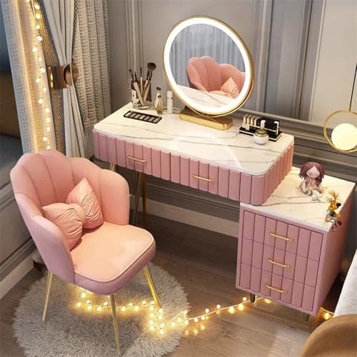 Knjlwa Moderno Toeletta da Trucco, Tavolo da Trucco 5 Cassetti in Legno Massiccio, Tavolo da Toilette con Specchio LED, Sedia in Velluto con Schienale, per Camera da Letto, Soggiorno Rosa