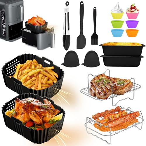 Heißluftfritteuse Zubehör, 21PCS Airfryer Zubehör für Ninja Double Stack XL SL400EU 9,5L, Airfryer Silikonform Zubehör für Ninja AF400EU AF300EU und 7,6L-9,5L Dual Zone Heißluftfritteuse
