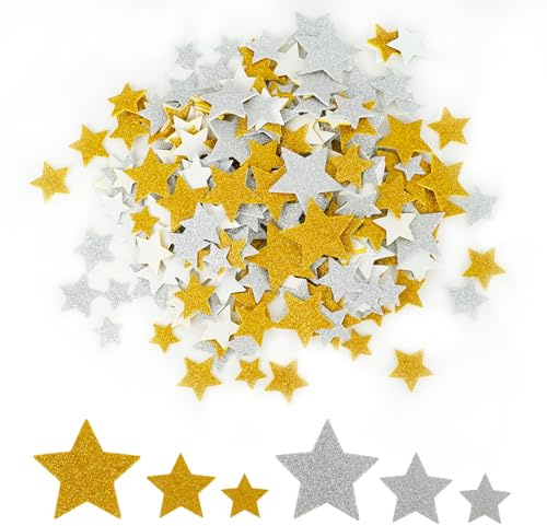 450 Stück Sterne Moosgummi Glitzer, Sticker Glitzer, 2 + 3 cm ø GlitzerSticker, Selbstklebend Aufkleber Sterne, Für DIY Basteln Gestalten Handwerk, Sammelalben Grußkarten (Gold- und Silbersterne)