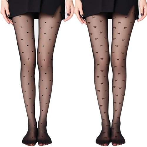 PHIOMUUE 2PCS Funky Tights for Women,Heart Bow patterned tights,Fashion Sheer Tight See-through Stockings,Dating Shopping Accessories Funky Tights Breathable Sexy Black Pantyhose for Women Girl