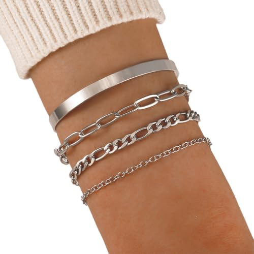 XENQITO 4Pcs Silber Armbänder für Herren Edelstahl Armbänder Herren Kubanisches Gliederseil Figaro Kette Kettenarmband Armband Set für Herren Damen Schmuck Geschenk für Männer ihn Vater Freund Ehemann