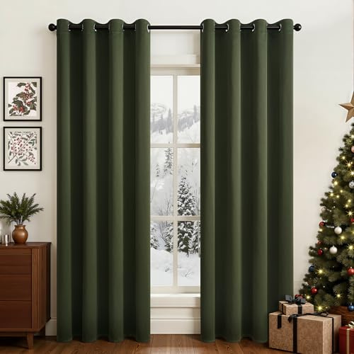 Topfinel Gardinen Blickdichte Vorhänge mit ösen Thermovorhang H 175 x B 140 cm Türvorhang Hitzeschutz 2 Stücke Thermogardine für Wohnzimmer Schlafzimmer Olive Grün