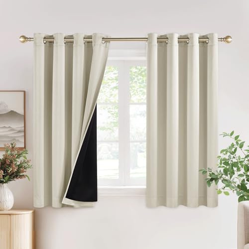 PONY DANCE Double Layer Thermal Eyelet Curtains, 46x54 Inch, Natural | 100% Blackout Curtains with Black Lining for Bedroom & Living Room, Noise Reducing & Privacy Protection, 2 Panels