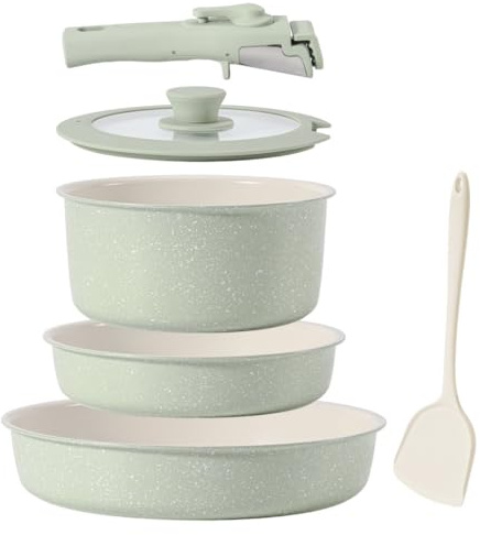 MsMk 6-Piece Green & White Speckled Ceramic Nonstick Cookware Set, Frying Pans with White Interior 20/24/28cm Removable Handle, Glass Lids, Spatula, Oven & Dishwasher Safe