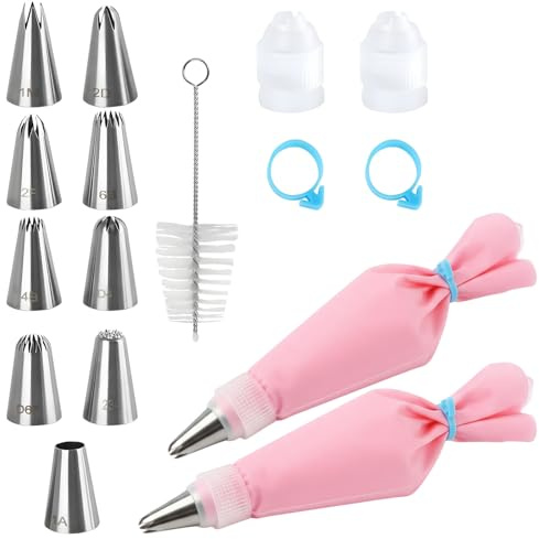 16Pcs Piping Bags and Nozzles Set for Cake Cupcakes Stainless Steel Cake Piping Kit with 2 Reusable Icing Nozzles Cake Piping Nozzles Tips Kits Baking Tools Cake Decorating Kit (Pink)