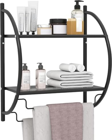 COSTWAY Etagère Murale de Salle de Bain,Meuble de Rangement en Métal Chromé INOX avec 2 Tablettes de Conception Creuse et 2 Porte-Serviettes pour Toilettes,WC, 26 x 45 x 55 cm (Noir)