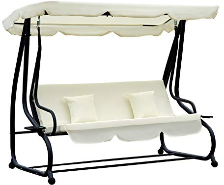 Outsunny 2-in-1 Garden Swing Seat Bed, 3 Seater Convertible Swing Chair Bench with Tilting Canopy, Cushioned Seat and 2 Pillows for Patio, Yard, Cream White