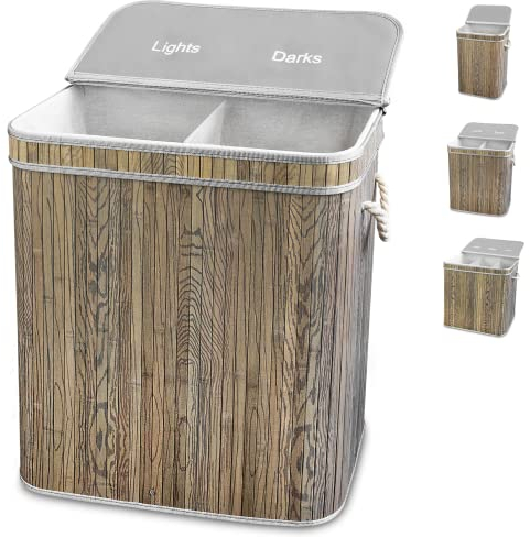 osoltus Wäschebox Camps Bay aus Bambus - Wäsche-Sortierer mit Deckel - Bad-Organzier - Wäschetruhe - Badezimmer Wäsche-Sortiersystem - Natur Grau