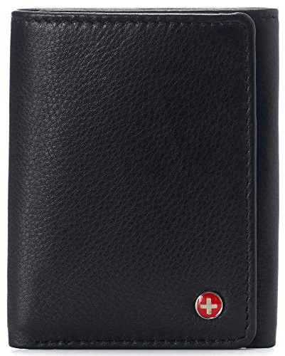 alpine swiss Men's Leon RFID Trifold Pocket Wallet – Genuine Leather Wallet for Men, Slim Design with ID Window & Multiple Card Slots, Classic RFID Safe Pocket Wallet in Gift Box Black