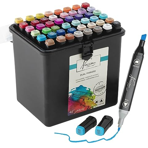 VAN NASSAU FINE ART Filzstifte 48 stücks in schwarzem Kasten - Dicke und Dünne stifte set - Twin Markers - dual tip - Fasermaler für Erwachsene - Malstifte