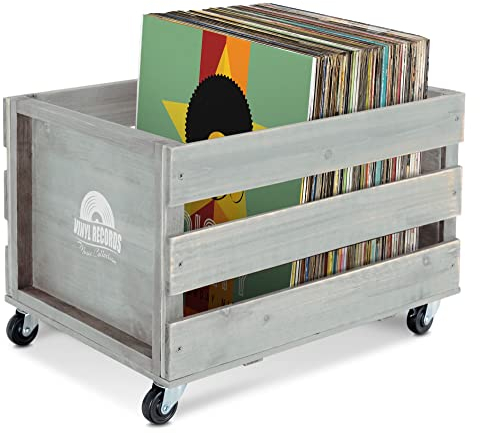 Stagecaptain SPK-100 GY Schallplattenkiste “Emil” 3x Set - Aufbewahrungsboxen für bis zu 100 LPs - aus Vollholz im Retro-Design - 4 lenkbare Rollen - auch für vieles andere bis 25 kg - Grau