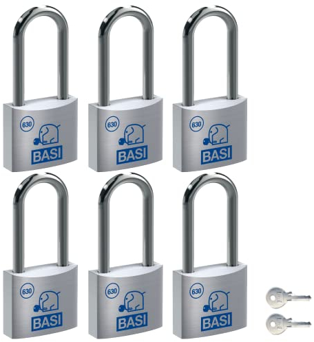 BASI | 6er Set Vorhangschloss | 30 mm | gleichsperrend | hoher Bügel | massives Aluminium-Gehäuse | gehärteter Stahlbügel | sicheres Vorhängeschloss gleichschließend | Bügelstärke 5 mm | 6 Stück