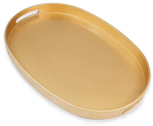 Omuriko Gold Oval Decorative Tray with Handles, Versatile Serving Tray for Coffee Table, Ottoman, Ideal for Serving, Displaying, Organizing, 15.3*10.6*1.37