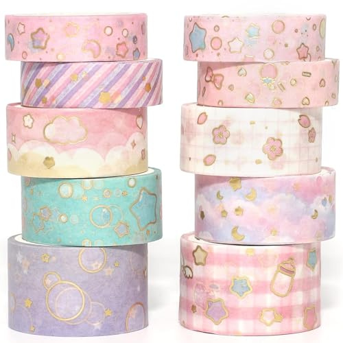 YUBX 10 rullar Washi tejp, maskeringstejp, guldfolie dekorativa tejp, färgstark för konst, gör-det-själv-hantverk, dagbok, hyvel, klippböcker, förpackning (cute sweety)