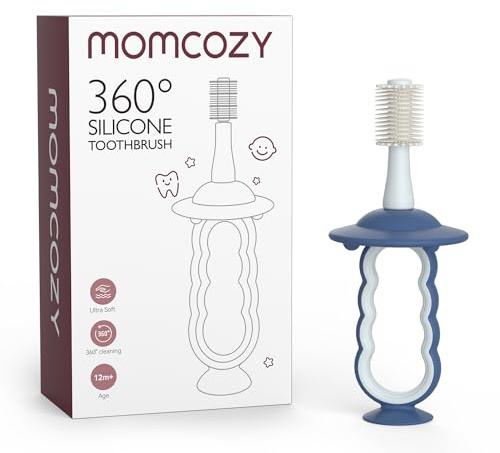 Momcozy Baby Toothbrush, Toddler Toothbrush 1-2, Infant Tooth Brush 6 to 12 Months and up, Oral Cleaner, Baby Tongue Cleaner, Blue