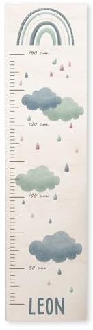 Personalisierte Messlatte für Kinder mit buntem Wunschdruck - 70-140 cm - Größenmesser Kinderzimmer aus Holz - Wand Dekoration Messleiste Kind - Personalisiertes Geschenk Baby (Blauer Regenbogen)