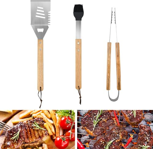 MININUSI Grillbesteck Set 3 Stück Edelstahl Grillbesteckset Grill | 35 * 2,5 cm Grillzange, 38 * 4 cm Grillbürste, 40 * 9 cm Grillwender mit Griffen Grillset für Campinggrill Grill im Freien