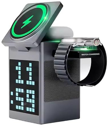 6-in-1 Magnetic Qi -Certified Wireless Charging Dock with Display, Alarm clock & Bluetooth Speaker, for SmartPhone, Watch & Earbuds | Apple, Android Supported