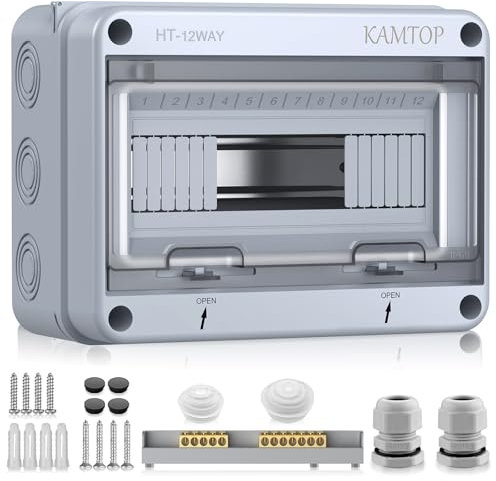 Kamtop Quadro Elettrico Esterno IP65-12 Moduli Monofila con 5 Morsetti Potenza e 7 Connettori, Soluzione Completa per Impianti Giardino, Fattorie e Piccoli Negozi
