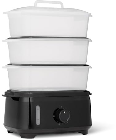 Amazon Basics Vaporizador Eléctrico de Alimentos para Cocinar Verduras con Diseño de 3 Niveles, sin BPA, 9L, 950W, Negro