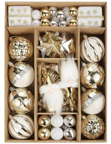 Christmas Tree Decorations, 68 ct White Gold Elf Theme Christmas Baubles Xmas Assorted Ornaments, Shatterproof Decorative Hanging Ball Ornament for Party Wedding Tree Decoration (Elf)