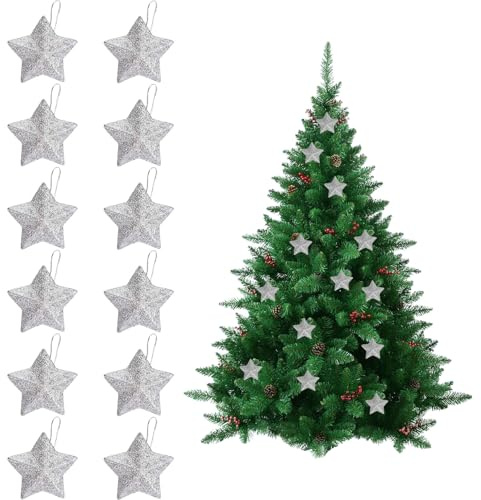 Lot de 12 décorations de sapin de Noël - Étoiles dorées - Petites étoiles à paillettes - Décoration d'arbre de Noël - Pendentif doré - Pour décoration de Noël - Argenté