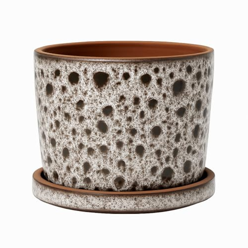 Generisch Vaso da fiori in ceramica Lava Stone con sottovaso, realizzato a mano, in terracotta e smalto, per piante da appartamento e balcone, Ø 14,5 cm