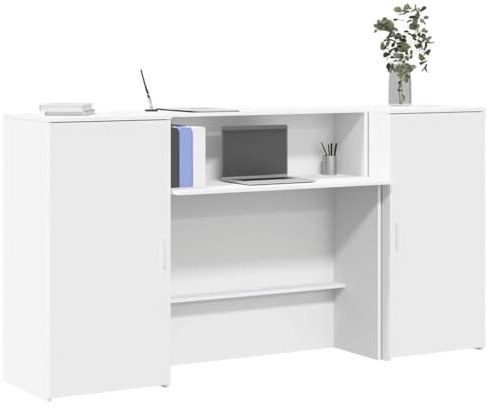 PUGYNBK Bancone per ricevimento, bianco, 200 x 50 x 103,5 cm, in legno con bancone integrato, molto spazio e pareti laterali per interazioni discrete, ideale per ufficio, hotel o clinica