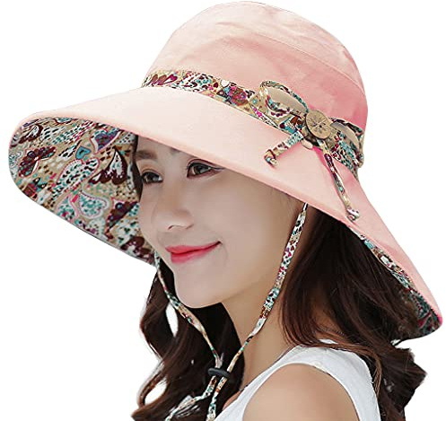 LassZone UV Protection Cotton Sun Hats Summer UPF 50+ Sun Shade Flap Cover Cap with Neck Cover Cord for Womens Girls Pink