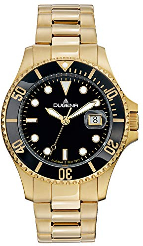 Dugena Herren-Armbanduhr 4461010 Diver, Quarz, goldenes Zifferblatt, Edelstahlgehäuse, Mineralglas, Edelstahlarmband, Faltschließe, 30 bar