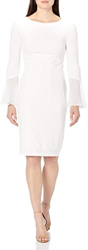 Calvin Klein Robe Fourreau Unie avec Manches Cloches en Mousseline de Soie pour Femme, Blanc crème Doux, 38 FR