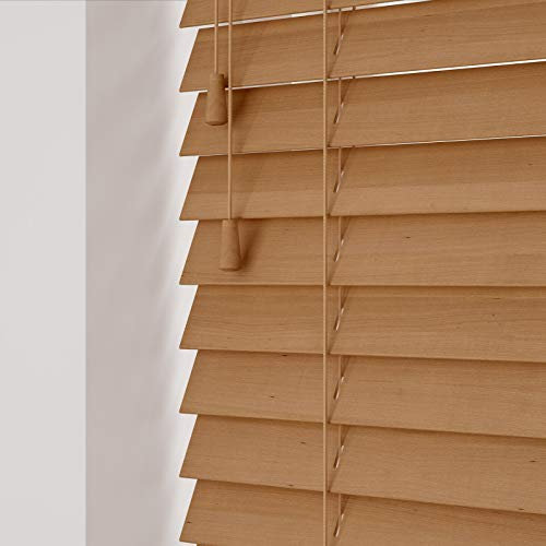 Custom Made To Measure Real Wooden Venetian Blinds with strings (50mm Slats) (Caramel Oak, 40cm - 60cm (Width) x Up To 120cm (Drop))