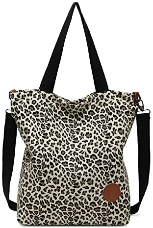 JANSBEN Damen Canvas Handtasche Schultertasche Casual Multifunktionale Umhängetaschen Groß für Arbeit Schule Shopper Lässige täglich (Leopard)