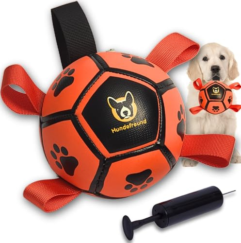 Hundefreund Pallone da calcio per Cani piccolo Arancione Luminoso con Maniglie, Giocattolo per Cani piccoli con Pompa, Palla interattiva per Cani (12 cm) per Interno, Esterno e in Acqua