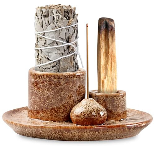 Porta incenso 4 in 1 per ogni incenso, supporto Palo Santo, supporto per bastoncini di incenso, supporto per bastoncini di incenso, salvia bianca per affumicare (bianco macchiato)