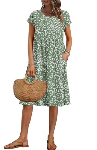 AUSELILY Damen Kurzarm Knielange Sommerkleider Sommer Lockeres Freizeitkleider Empire Kleider mit Taschen Olivgrünes Blatt M