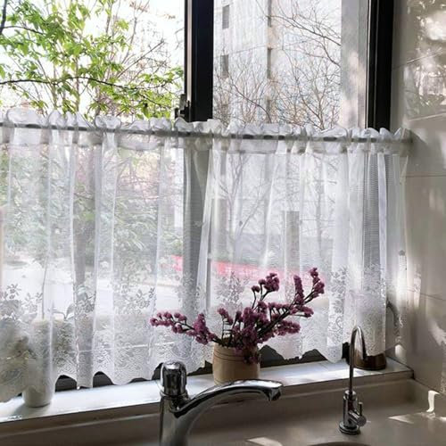 Bishilin Bistrogardine Halbtransparent, Weiß Vorhänge Kurz 90CM Hoch Landhausstil Stickerei mit Blumen Motiv Scheibengardinen & Kurzstores Wohnzimmer, 1 Stück