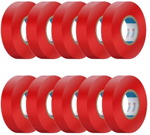 CILIA 10 Stück Isolierband Elektriker PVC 19mm x 25m - Professionelles Klebeband Selbstverlöschend (Flammhemmend) - Nach IEC 60454-600V - Für Kabelreparatur - Rot