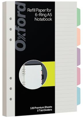 Oxford A5 Refill Paper, 6 Ring Lined Paper with Pastel Binder Dividers, 5 Tabs, 120 Sheets, 6 x 8.25 Inches, Notebook, Bullet Journal and Planner Inserts (1016731)