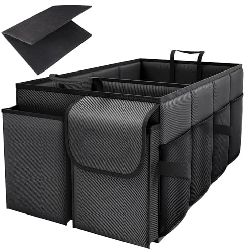 Hainue Organizer Bagagliaio Auto 46L,Portaoggetti Pieghevole,Organizer Auto con Tasca con Patta, Tasche Laterali e Manico Resistente, Bagagliaio Salvaspazio - Nero - 56x32x28cm