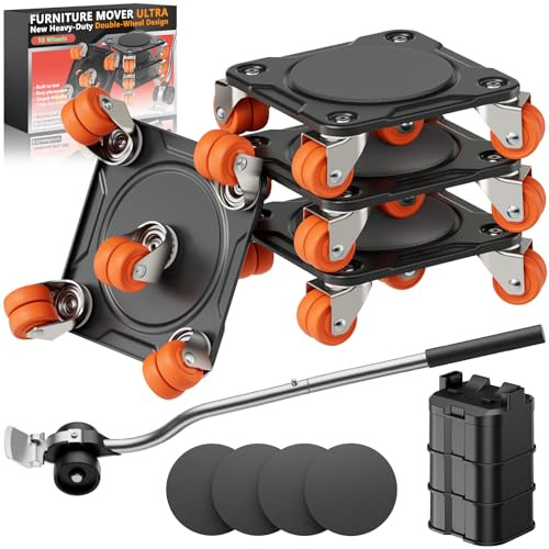 ONEON Heavy Duty Furniture Movers with Wheels Dolly with Auxiliary Lifter, All-New Upgraded Carbon Steel Panels & Dual-Wheeled Casters, Supports up to 2200 lbs (XL)