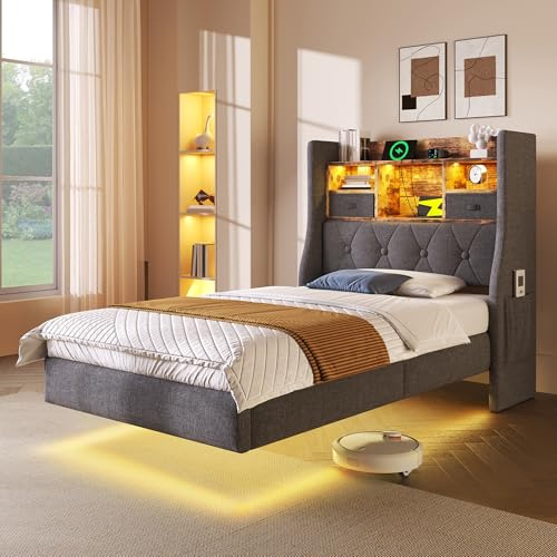HESHU Polsterbett 90x200 mit LED, USB Ladestation,Stauraum Kopfteil, Bettgestell Schwebebett Bettrahmen Erwachsene,Leinen, Ohne Matratze
