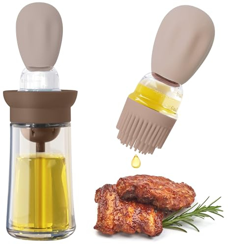 Uryxery Ölspender mit Bürste, 2-in-1 Glasölflasche mit Silikonbürste, Dosierflasche für Kochen, Grillen & Backen, geeignet für Öl, Essig, Saucen und Marinaden (brown)