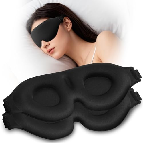 ALIIP Set med 2 mjuka skumögonmasker med justerbara 3D-band och bekväma för sidosovare, på resor och nattbruk, svart