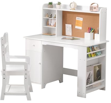 Thaookte Kinderschreibtisch Set, Schreibtisch Kinder Mit Stuhl Aus Holz, Schülerschreibtisch Mit Bücherregal, Schrank, Schublade & Pinnwand, Jugendschreibtisch Für Kinder Ab 3 Jahren, Weiß