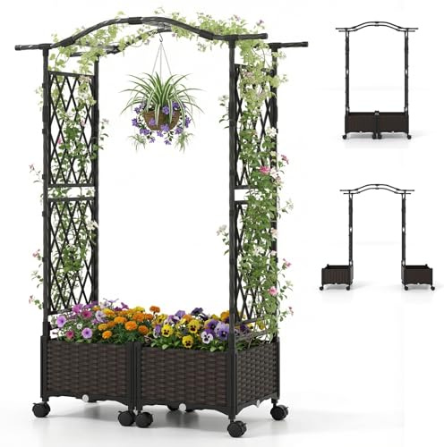 COSTWAY Jardineras Autorriego con Enrejado y Techo, Cama de Jardín Elevada de 147 cm de Altura con Ruedas con Freno, Jardinera Exterior de Ratánpara Vid de Trepadora, Verduras y Hierbas (Marrón)