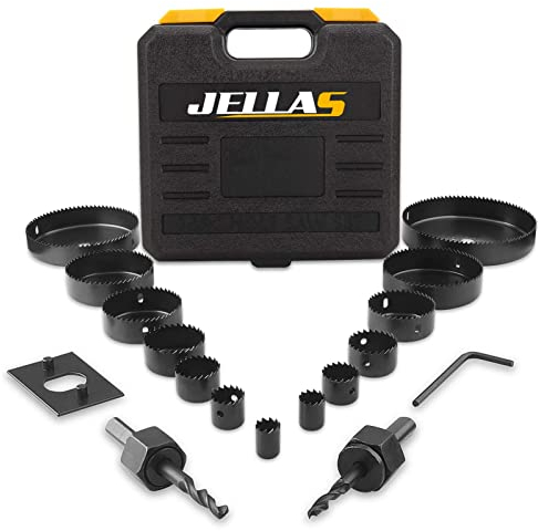 Jellas Sega a tazza, 19 pezzi, 19-127 mm, set di punte a tazza (inclusi 25 e 38 mm), 2 spine, 1 piastra di montaggio, 1 chiave a brugola, durevole per fori precisi in legno tenero, legno, piastra in